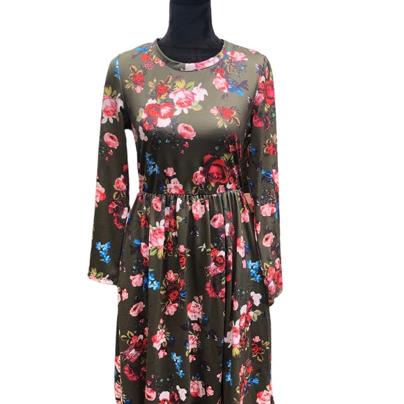 Zesica Hunter Green Pink Floral Long Sleeve Dress size Small - Picture 9 of 11